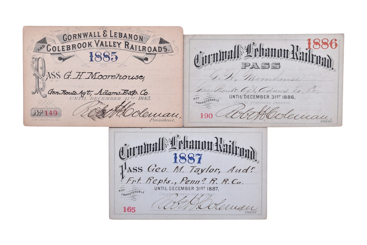 2153 - Three Cornwall & Lebanon Railroad Annual Passes - 1885, 1886, 1887 thumbnail