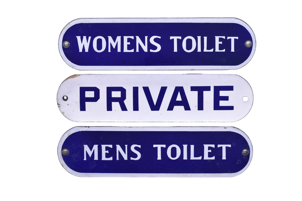 2154 - Trio of Porcelain Railroad Restroom Signs - Mens Toilet, Private, and Womens Toilet thumbnail