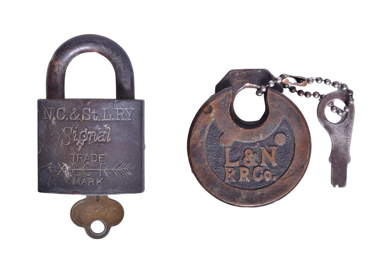 2175 - Pair of Brass Railroad Locks w/ Keys - Louisville and Nashville Pancake Lock and Nashville Chattanooga & St. Louis Signal Lock thumbnail