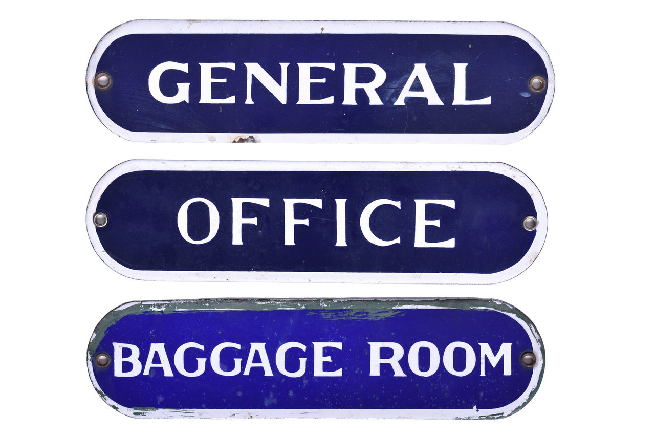 2176 - Trio of Porcelain Railroad Signs - General, Office, and Baggage Room thumbnail