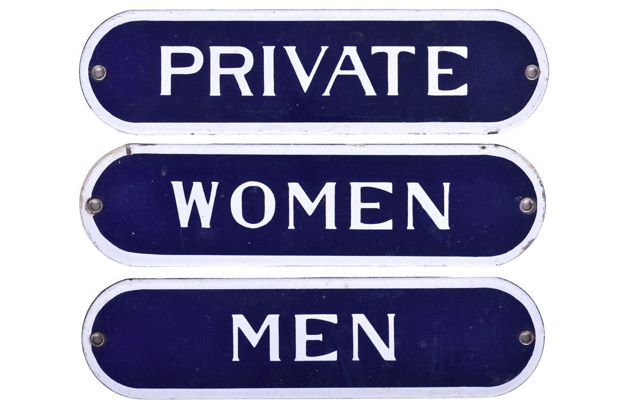 2196 - Trio of Porcelain Railroad Restroom Signs - Women, Private, and Men thumbnail