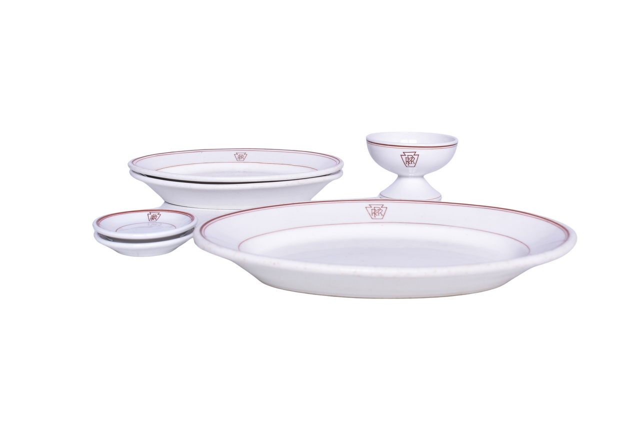 3019 - Six Pieces of Pennsylvania Railroad Keystone China Oval Platter Plates, Ice Cream Cup, Butter Pats thumbnail