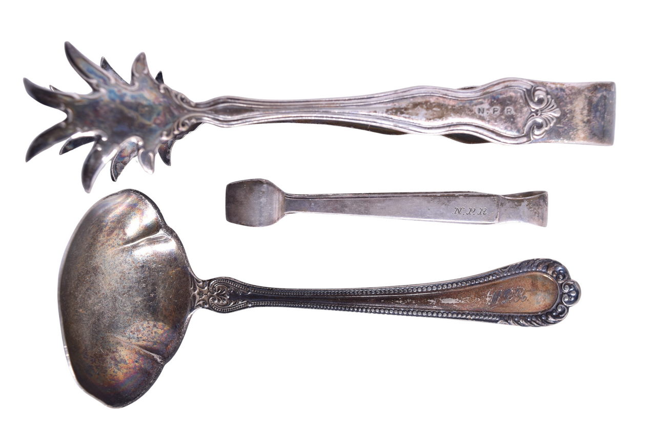 3021 - Three Pieces of Northern Pacific Railroad Flatware - Ice Tongs, Sugar Tongs, and Gravy Serving Ladle thumbnail