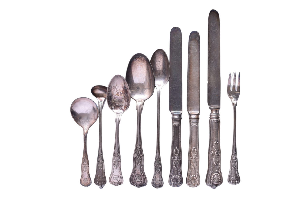 3027 - Nine Pieces of Pennsylvania Railroad Silver Flatware - Kings Condiment Spoon, Oyster Fork, Knives, Etc. thumbnail