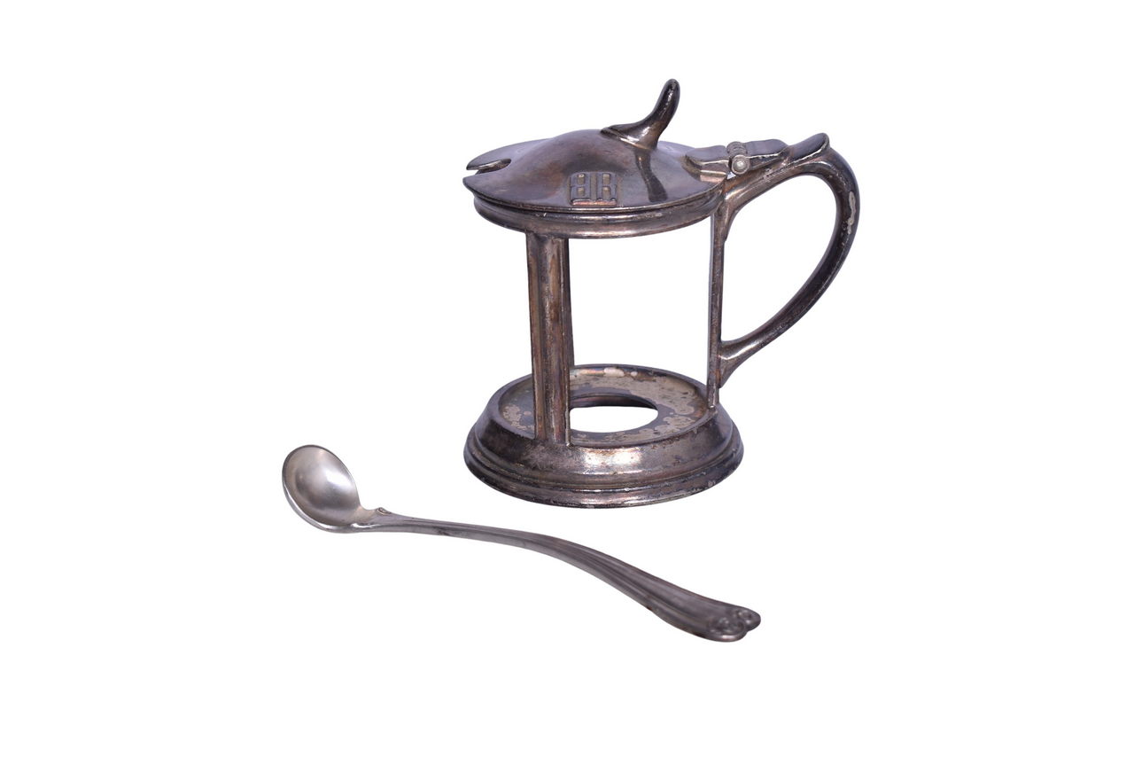 3047 - Reed and Barton Burlington Route Railroad Silver Mustard Pot and Condiment Spoon thumbnail