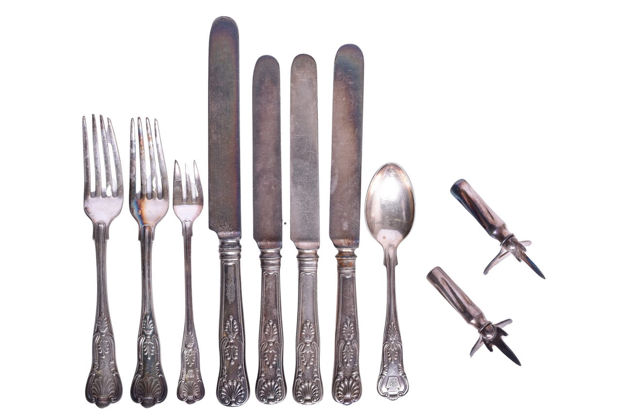 3051 - Group of Pennsylvania Railroad Silver Flatware - Corn Holders, Kings Oyster Fork, Spoon, Knives thumbnail