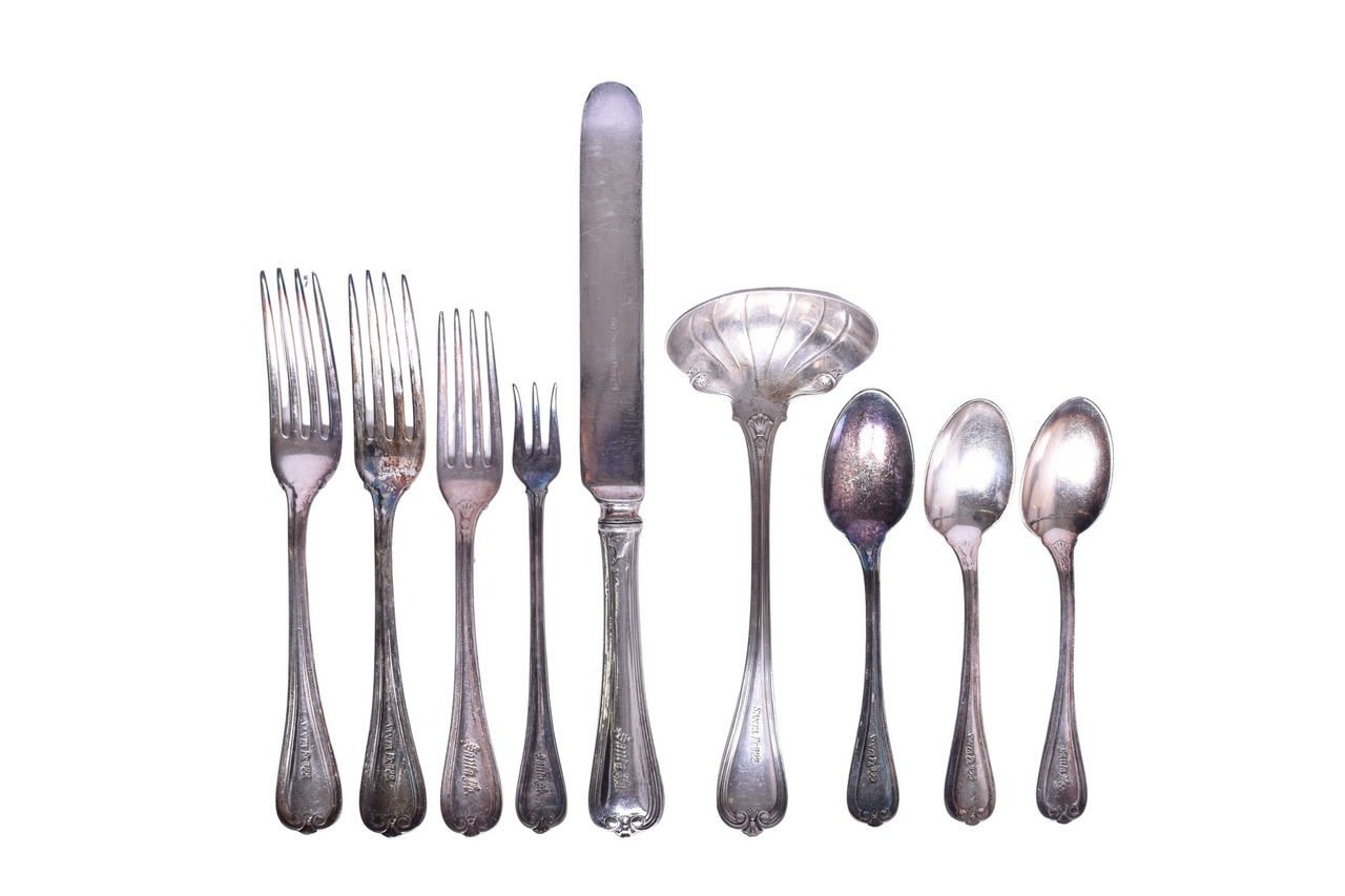 3057 - Nine Pieces of Santa Fe Railroad and Santa Fe #22 Silver Flatware - Priscilla Cocktail Fork, Ladle, Spoons, Forks, Knife thumbnail