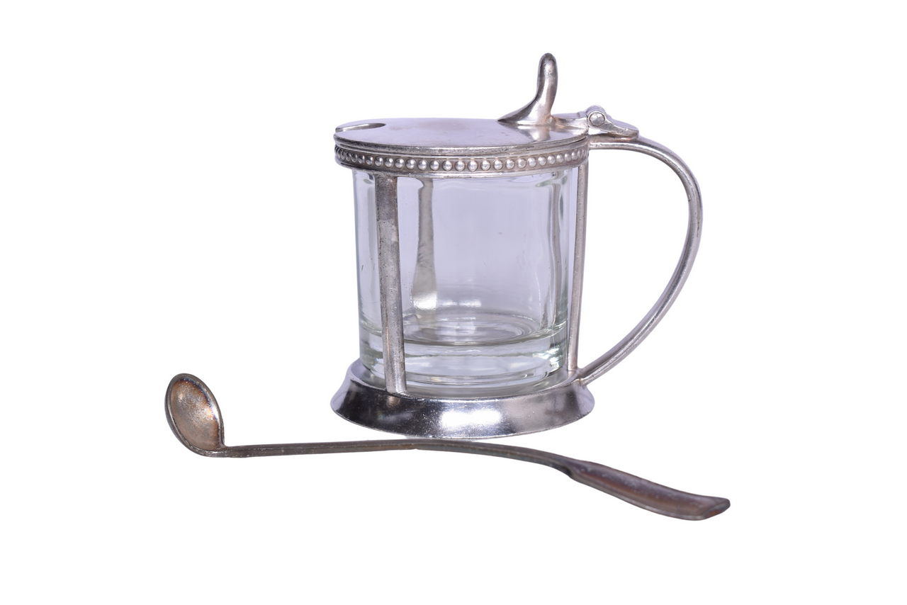 3065 - Reed and Barton Rock Island Railroad Silver Mustard Pot w/ Glass Insert and Condiment Spoon thumbnail