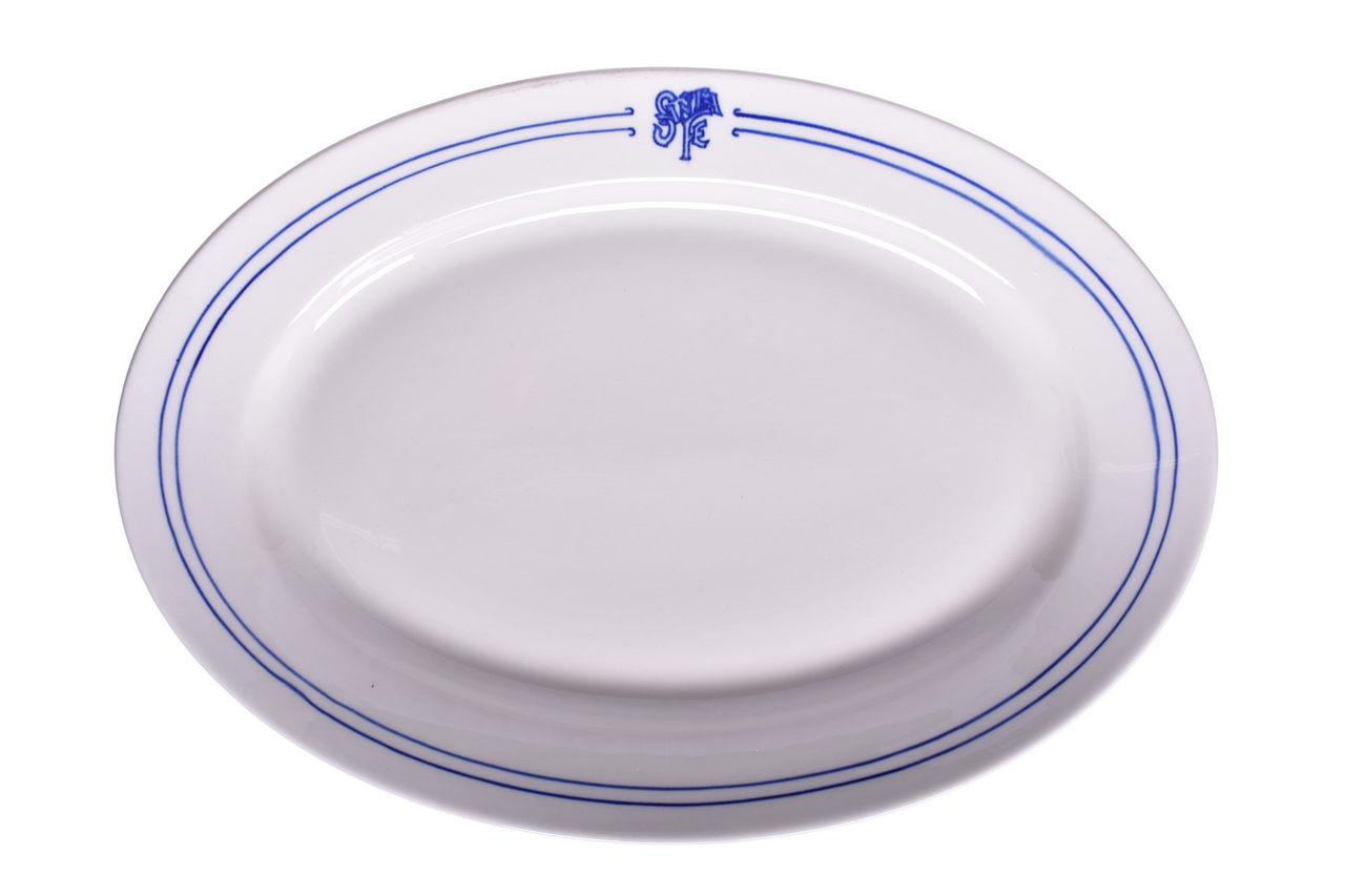 3107 - Large Santa Fe Railroad China Bleeding Blue Oval Turkey Platter Plate 16