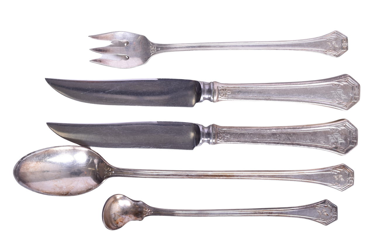 3123 - Five Pieces of Bangor & Aroostook Railroad 100 Silver Flatware - Condiment Spoon, Oyster Fork, Knives thumbnail