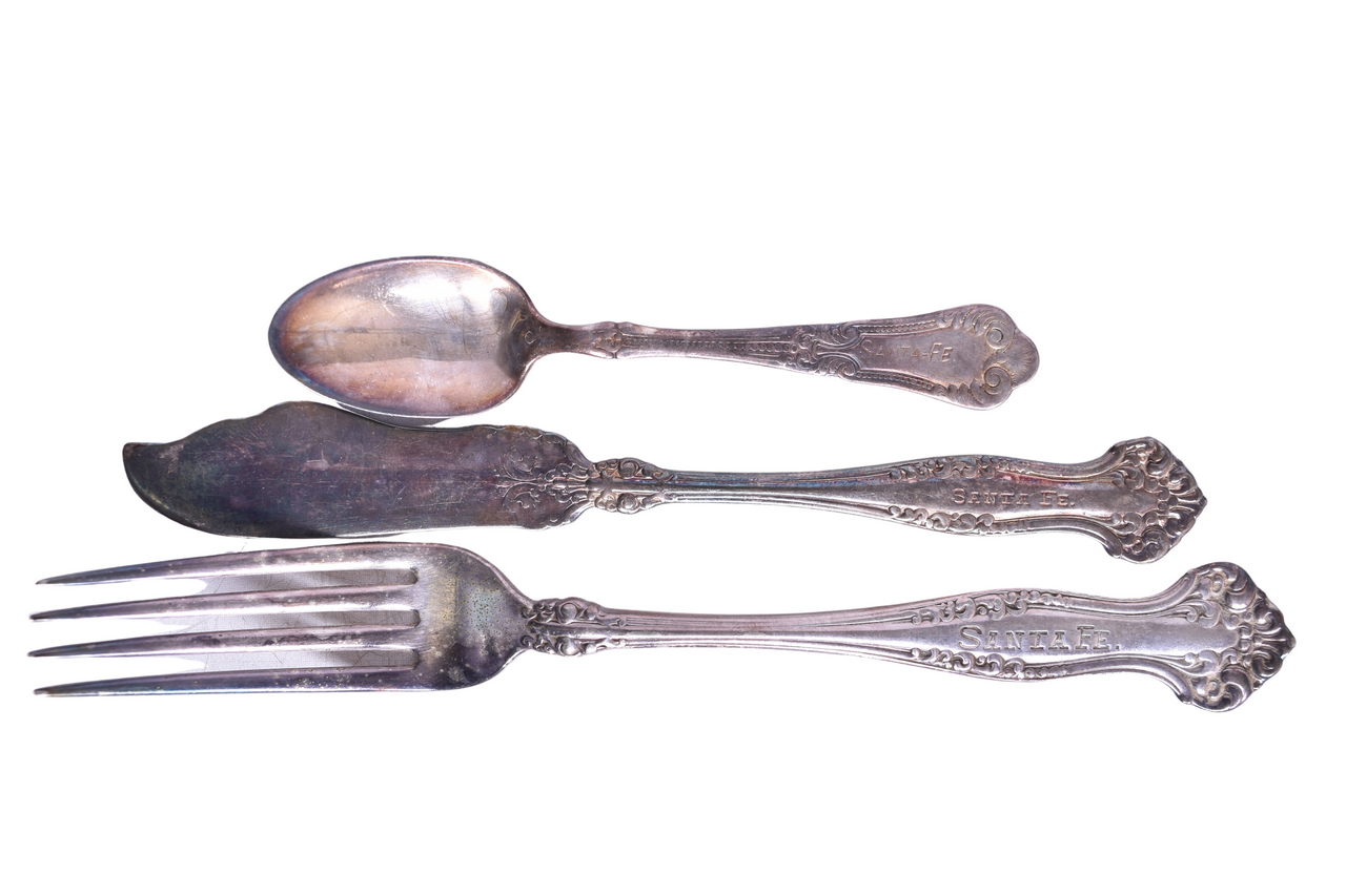 3129 - Set of Santa Fe Railroad Avon Silver Flatware - Demitasse Spoon, Butter Knife, and Dinner Fork thumbnail