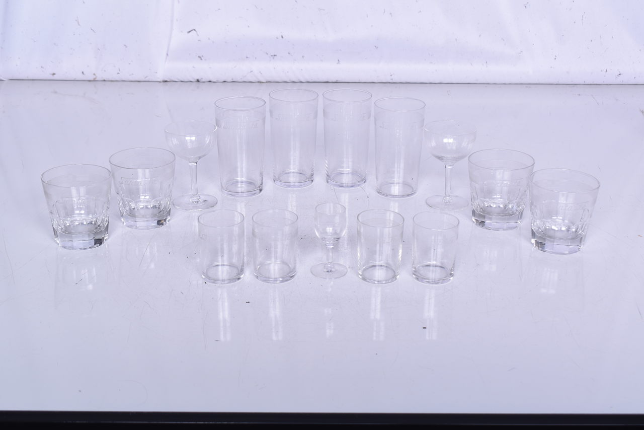 3035 - Fifteen Pieces of Santa Fe Railroad Glassware - Cordial, Champagne, Rocks, Water Glass, Etc. thumbnail