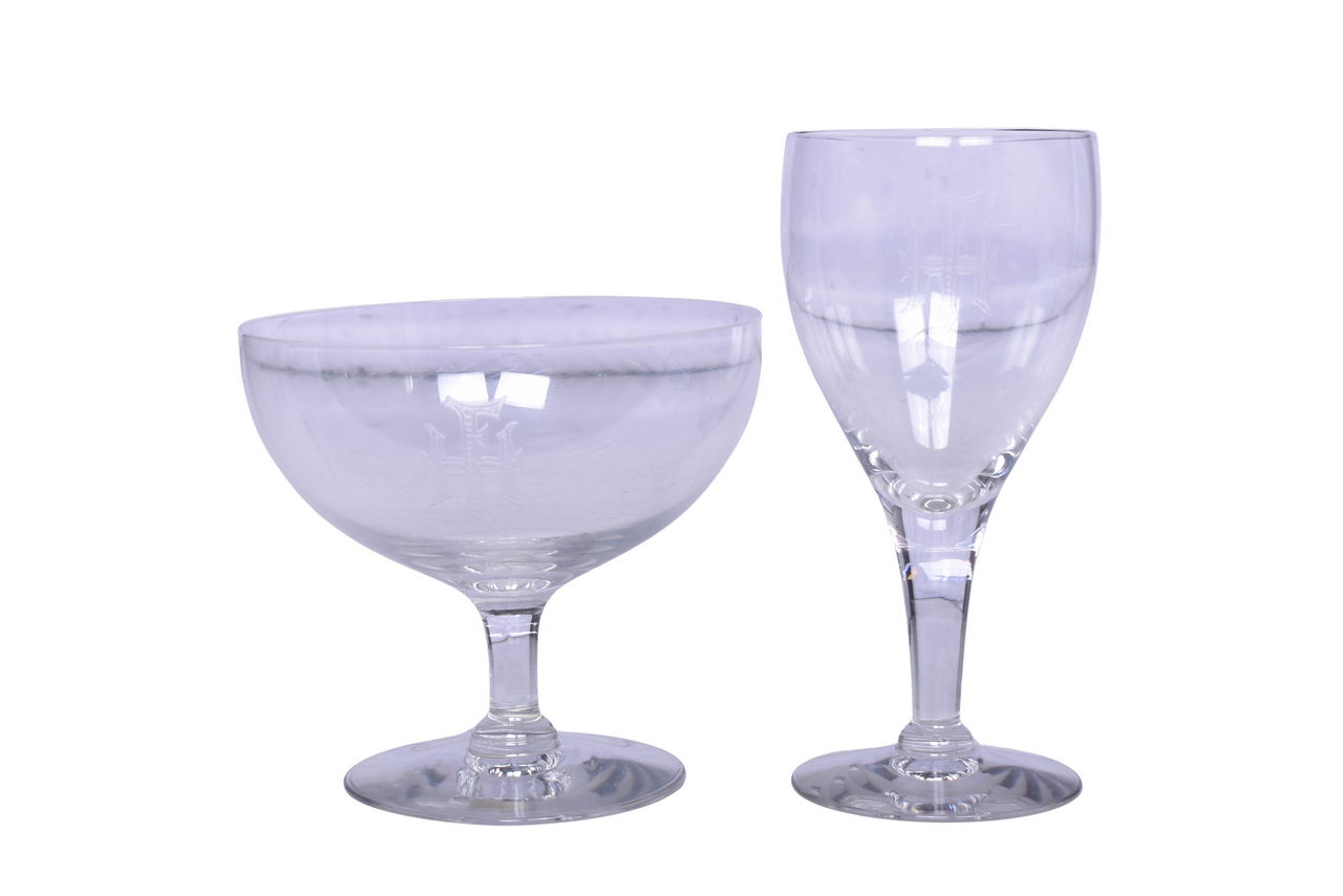 3077 - Two Fred Harvey Santa Fe Railroad Etched Glasses - Stemmed Wine Glass and Large Cocktail Glass thumbnail