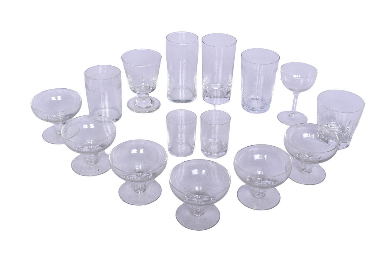 3119 - Fifteen Pieces of Santa Fe Railroad Glassware - Champagne, Rocks, Water Glass, Etc. thumbnail