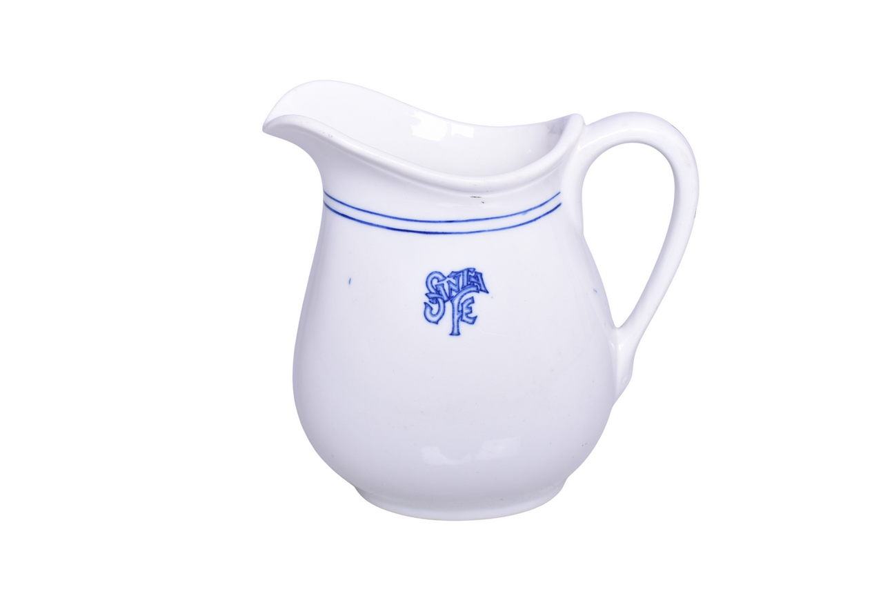 3131 - Santa Fe Railroad China Bleeding Blue Water Pitcher 6 3/4