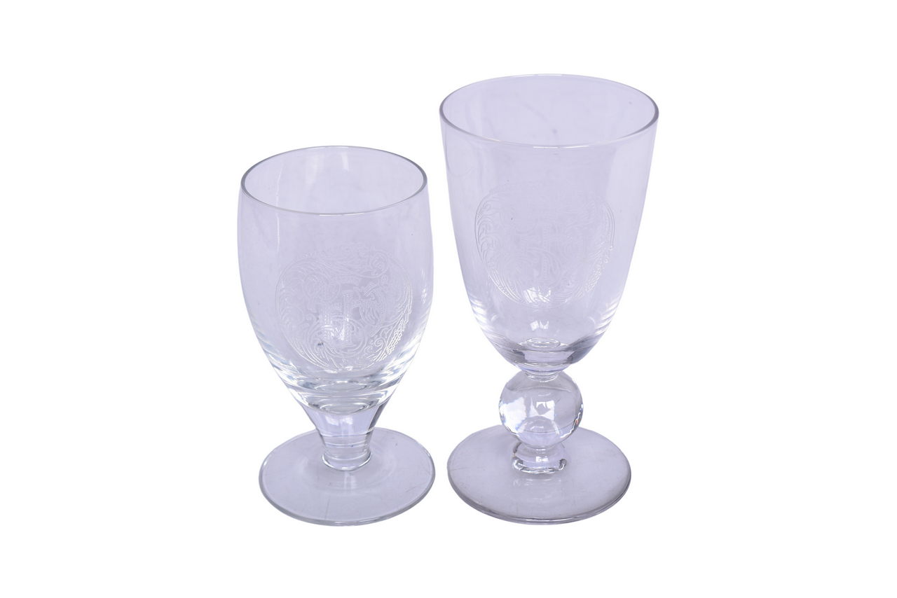 3135 - Two Fred Harvey Santa Fe Railroad Etched Glasses - Stemmed Wine Glass and Water Glass thumbnail