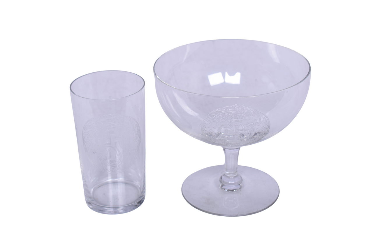 3195 - Two Fred Harvey Santa Fe Railroad Etched Glasses - Stemmed Cocktail Glass and Water Glass thumbnail