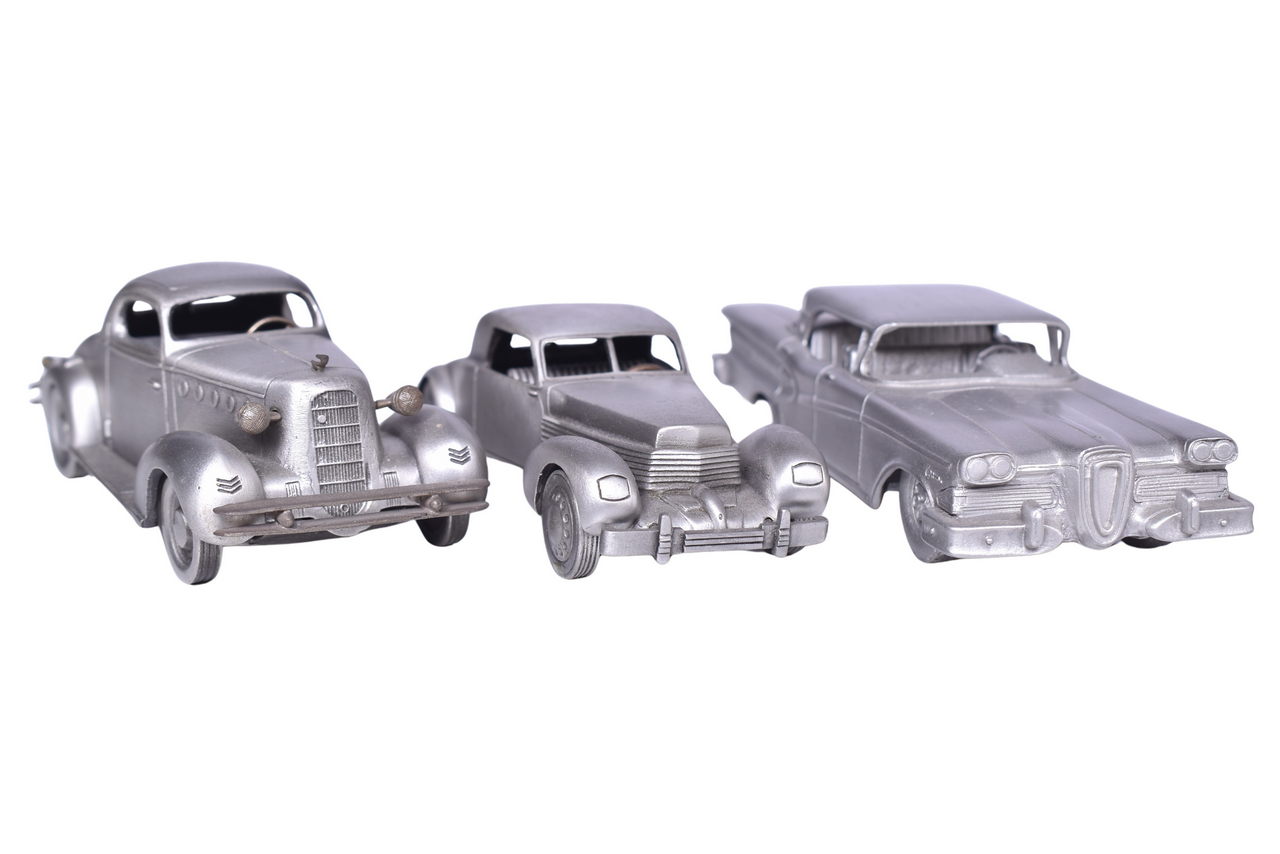 80 - Three Pewter Model Cars - 1958 Edsel Citation, 1934 La Salle, 1936 Cord thumbnail