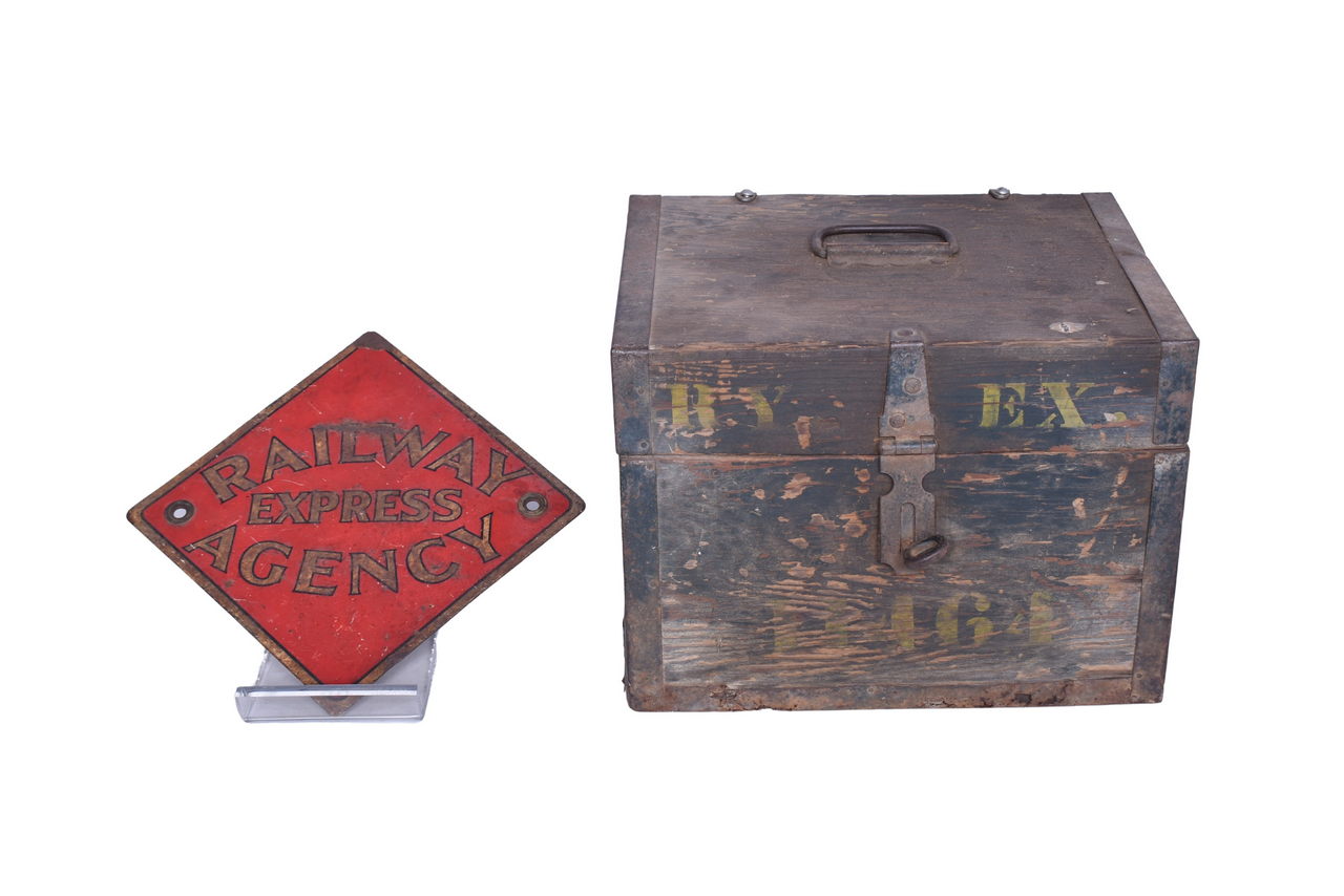 3120 - Railway Express Agency Metal Baggage Cart End Sign and Wooden Lock Box thumbnail
