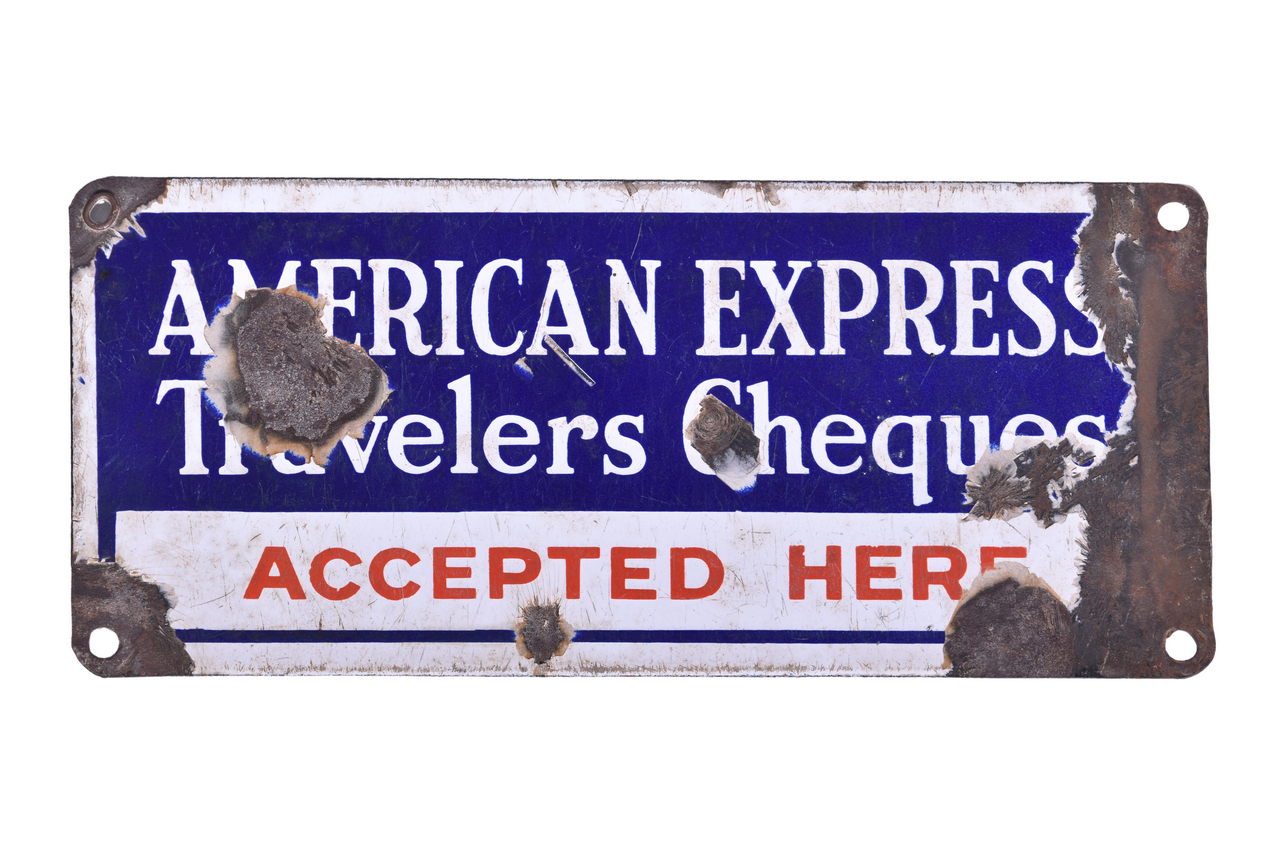 3132 - Porcelain American Express Travelers Cheques Accepted Here Sign thumbnail