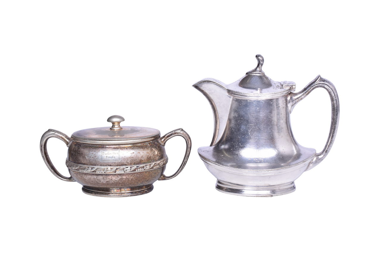 3185 - Reed & Barton Burlington Route Silver Syrup Pitcher and Sugar Bowl w/ Lid Including Patent Applied For thumbnail