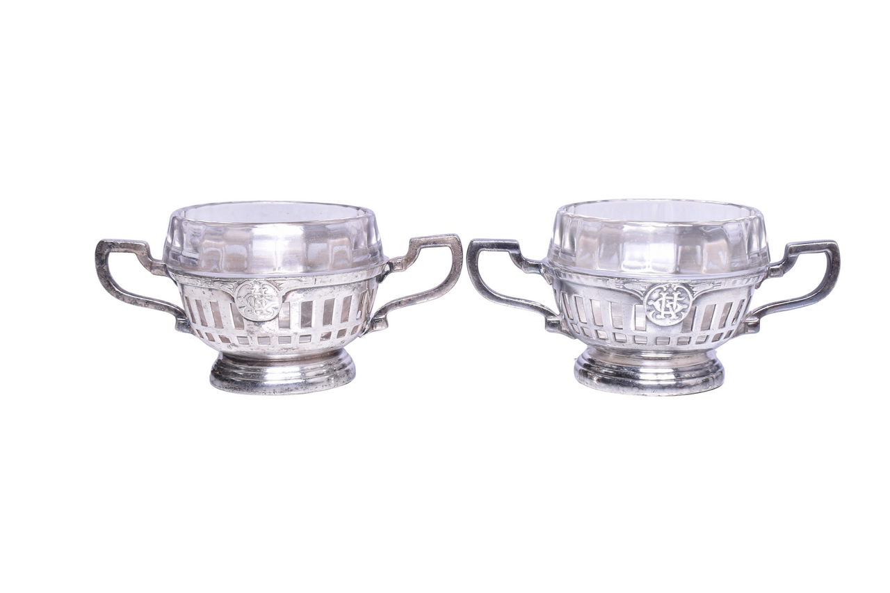 3209 - Pair of Great Northern Railway Silver Double Handled Bouillon Cups w/ Glass Insert thumbnail