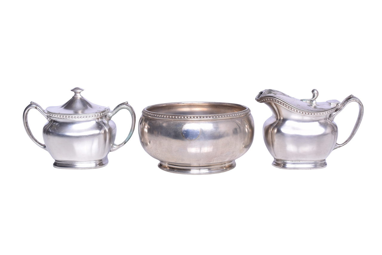 3227 - Three Pieces of Reed & Barton Rock Island Railroad Silver - Sugar Bowl, Creamer, and Bowl thumbnail