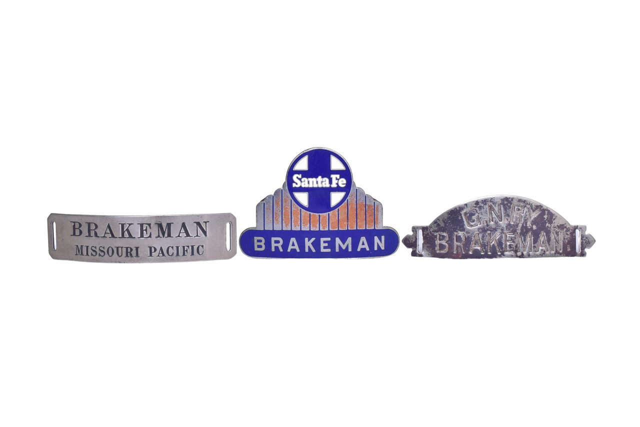 3270 - Group of Three Brakeman Cap Badges - Missouri Pacific, New York Central, Great Northern thumbnail