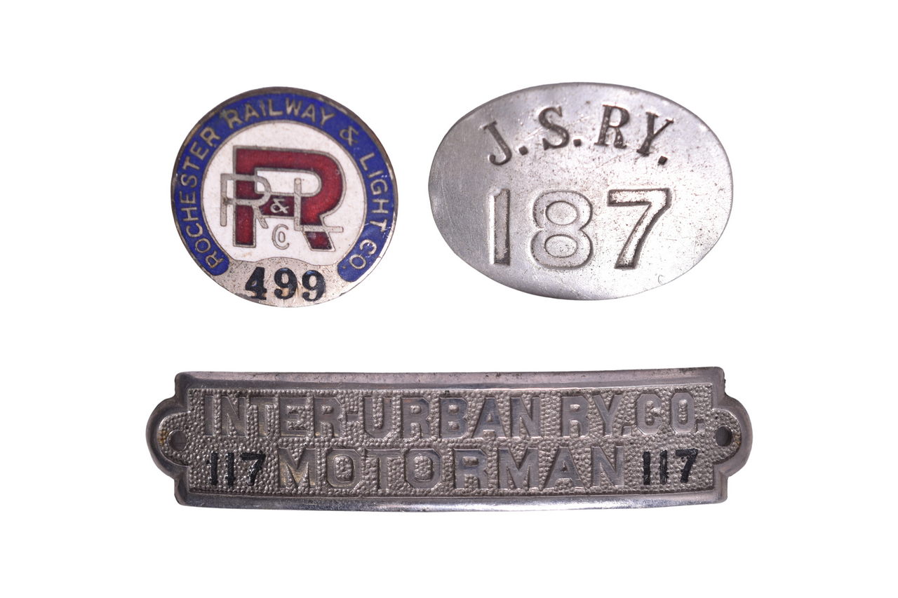 3290 - Three Traction Badges - Rochester Railway & Light Co., J.S. Railway, Inter-Urban Ry. thumbnail