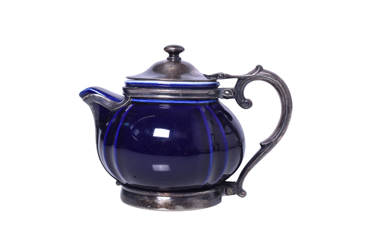 3383 - Reed & Barton Southern Pacific Lines Railroad Cobalt Blue China Teapot w/ Silver Frame thumbnail
