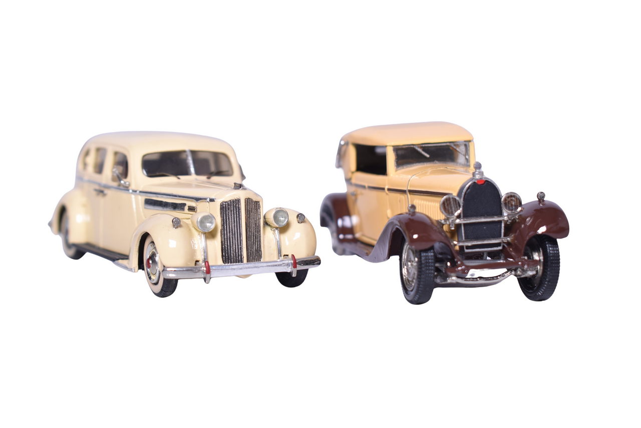 128 - Pair of Tin Wizard 1930s Cars - 1937 Packard Eight 4-Door Sedan and Bugatti 46 Cabriolet thumbnail