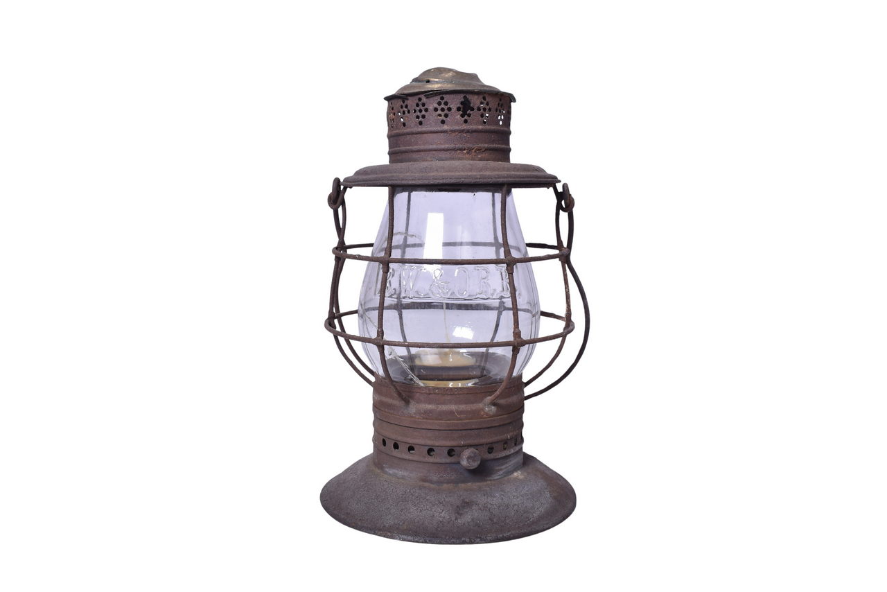 3386 - Unmarked Brass Top Bell Bottom Railroad Lantern w/ Rome Watertown and Ogdensburg Cast Globe thumbnail