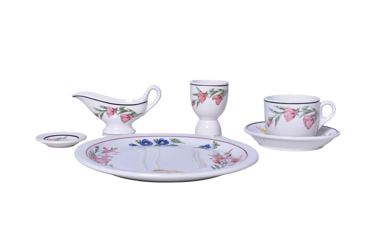 3407 - Six Pieces of Southern Pacific Railroad Prairie Mountain Wildflowers China - Gravy Boat, Double Egg Cup, Butter Pat, Etc. thumbnail