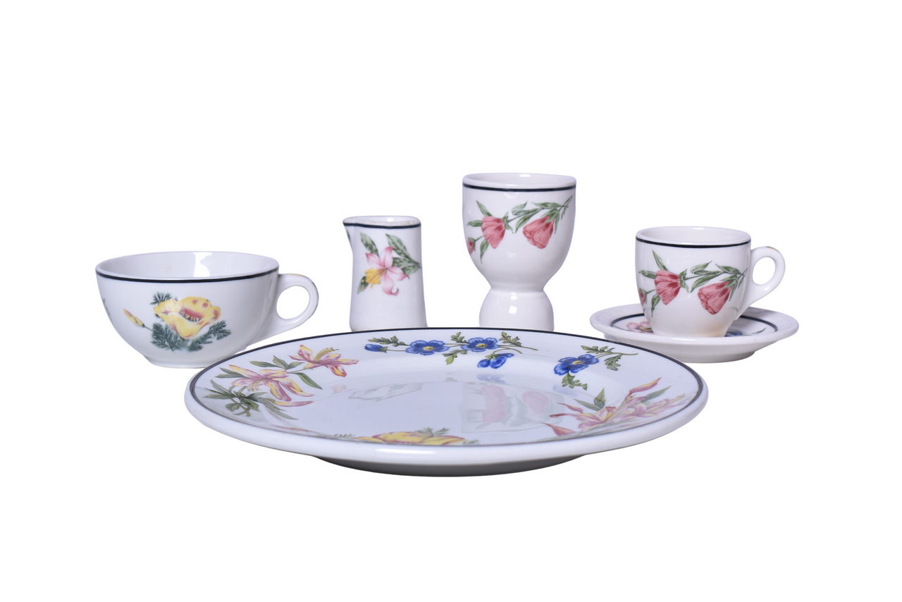 3419 - Group of Southern Pacific Railroad Prairie Mountain Wildflowers China - Pedestal Egg Cup, Creamer, Cups, Saucer, Plate thumbnail