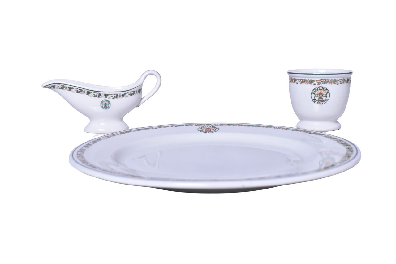 3435 - Three Pieces of Southern Pacific Railroad Buffalo China Sunset Double Egg Cup, Gravy Boat, and Dinner Plate thumbnail