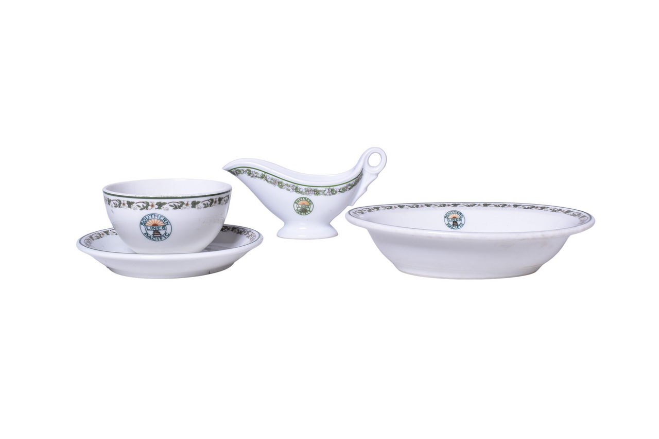 3457 - Four Pieces of Southern Pacific Railroad China Sunset Bouillon Cup, Saucer, Oval Bowl, and Gravy Boat thumbnail