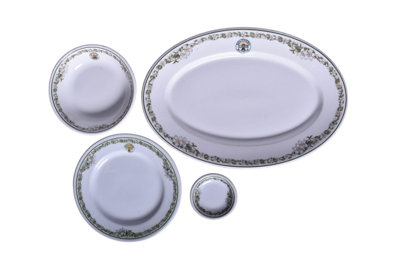 3475 - Four Pieces of Southern Pacific Railroad China Sunset Large Flowers Butter Pat, Oval Platter, Bowl, and Bread Plate thumbnail