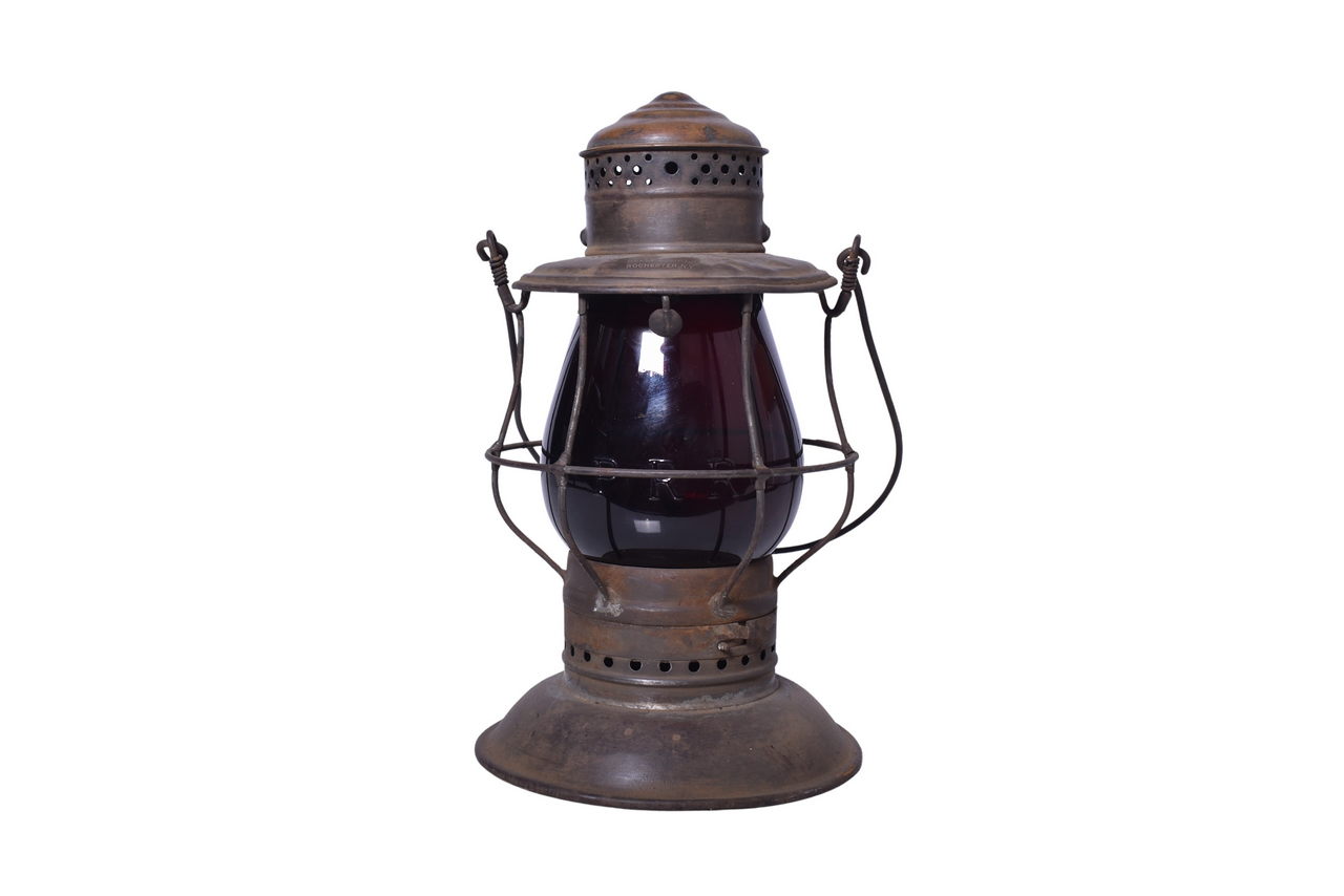 3480 - Kelly Lamp Co. Pennsylvania Railroad Brass Top Lantern w/ Flashed Red Cast Globe thumbnail
