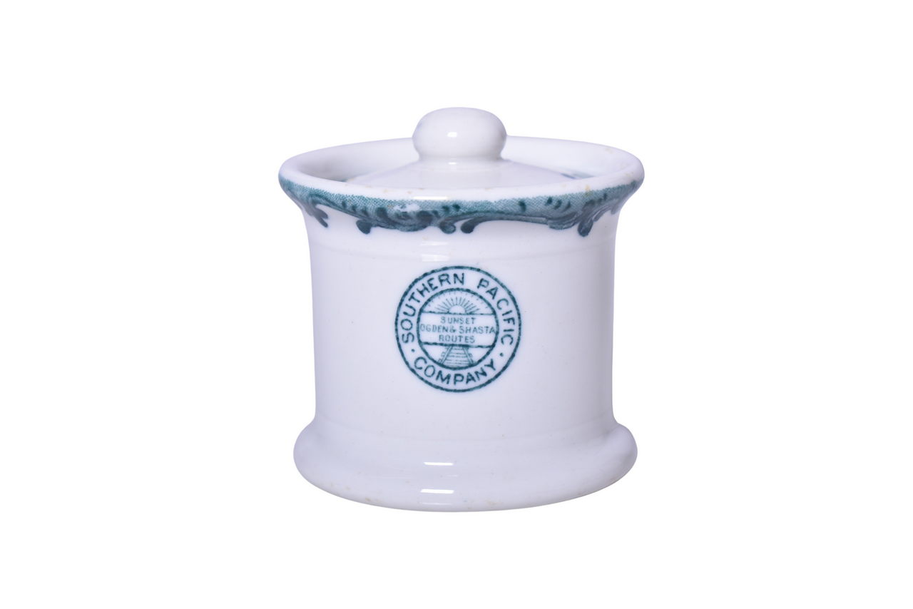 3509 - Southern Pacific Railroad China Harriman Blue Mustard Pot w/ Lid thumbnail