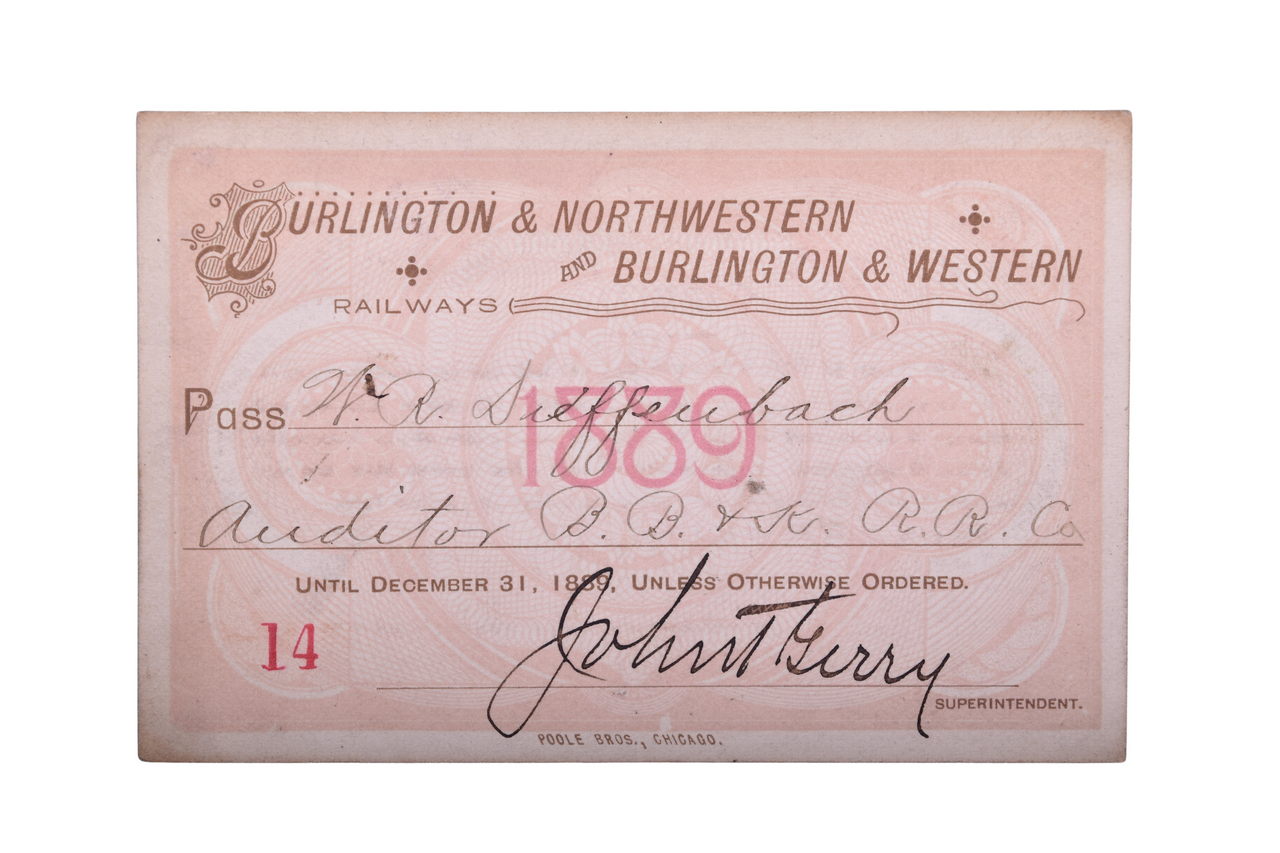 3534 - Burlington & Northwestern and Burlington & Western Railways 1889 Annual Railroad Pass thumbnail