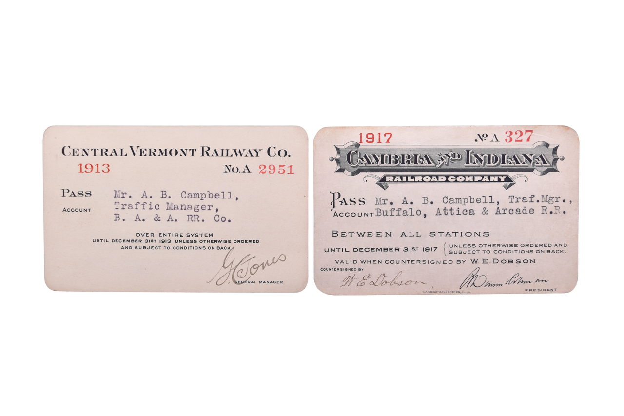 3538 - Pair of Railroad Annual Passes - 1917 Cambria & Indiana and 1913 Central Vermont thumbnail