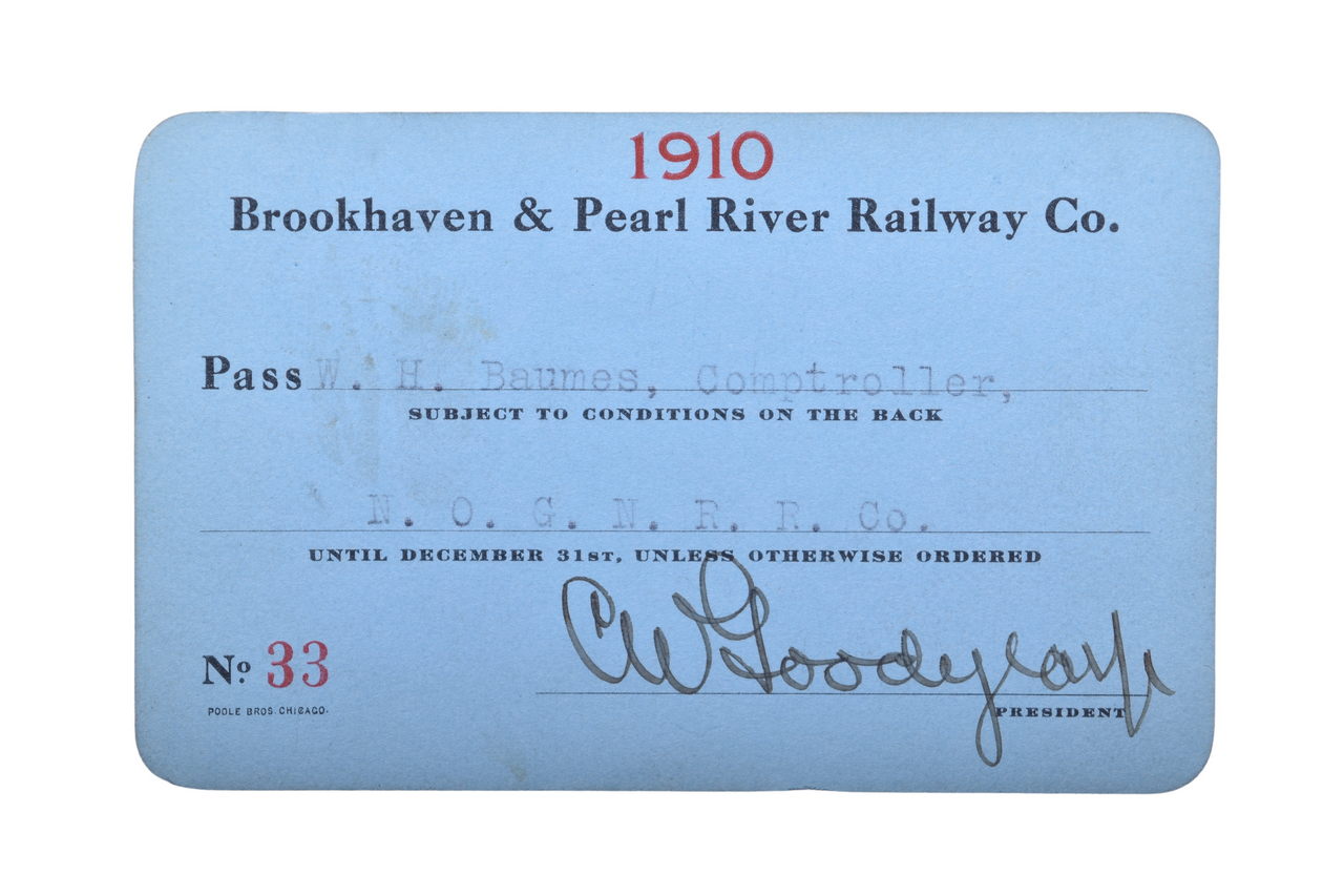 3542 - Brookhaven & Pearl River Railway 1910 Annual Railroad Pass thumbnail