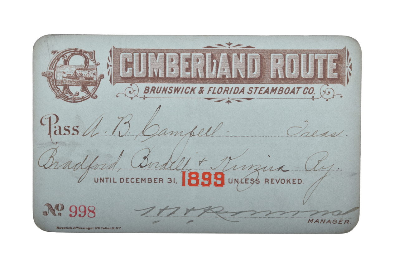 3550 - Brunswick & Florida Steamboat Co. 1899 Annual Pass thumbnail
