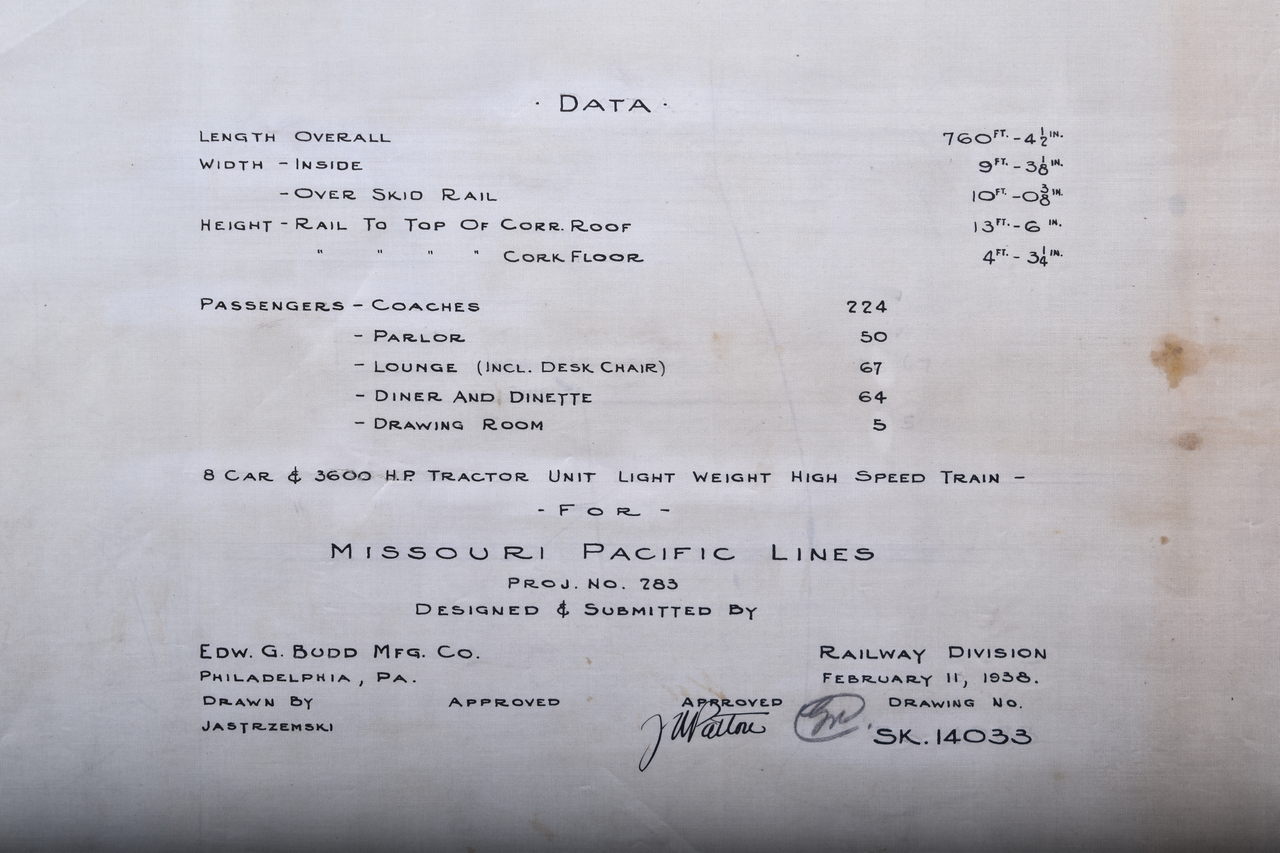 3566 - Original 1938 Budd Company Drawing for Missouri Pacific Railroad - 8 Car, 2 Locomotive Set thumbnail