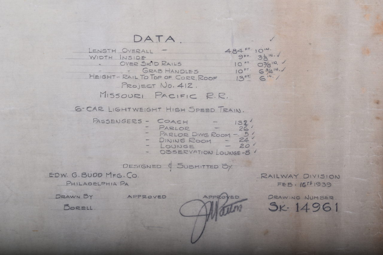 3570 - Original 1939 Budd Company Drawing for Missouri Pacific Railroad - 6 Car Train Set thumbnail