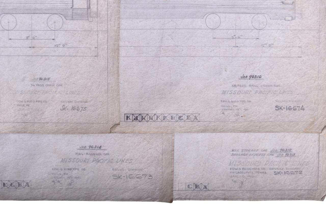 3572 - Four Original Budd Company Missouri Pacific Railroad Passenger, Mail / Baggage Car Drawings thumbnail