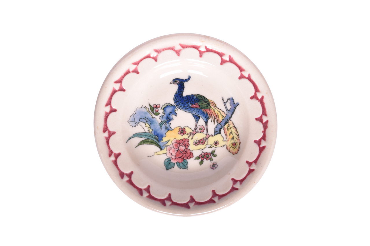 3595 - Interesting Milwaukee Road Syracuse China Peacock Butter Pat - Tan Base Red Stripe - Patent Pending thumbnail