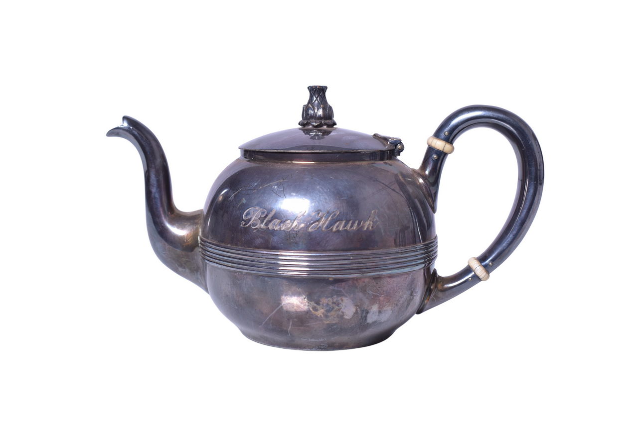 3272 - Chicago Burlington & Quincy Railroad Black Hawk Silver Teapot thumbnail
