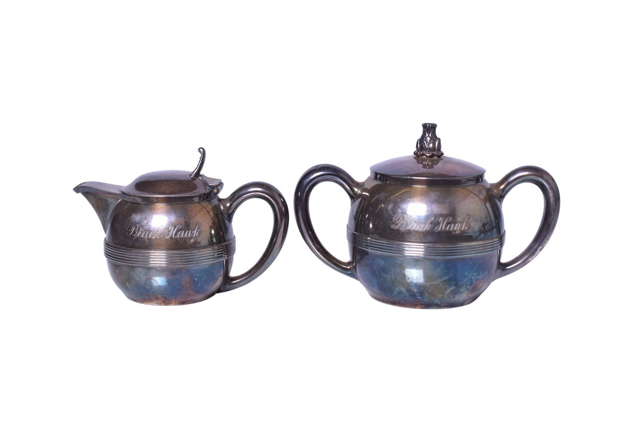 3276 - Chicago Burlington & Quincy Railroad Black Hawk Silver Sugar Bowl and Cream Pitcher thumbnail