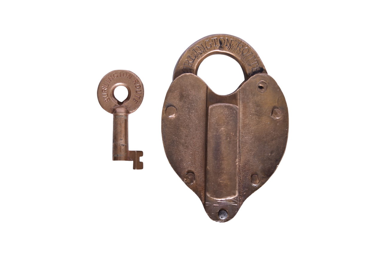 3635 - Burlington Route Railroad Brass Heart Shaped Lock w/ Adlake Key thumbnail